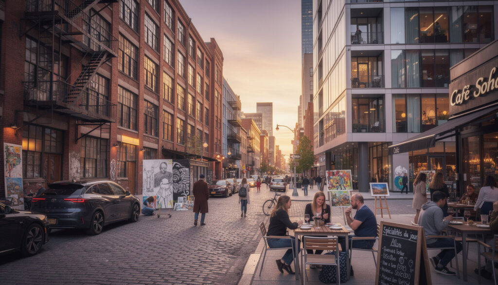 Explorez les quartiers emblématiques de Soho et Tribeca à New York, où l'histoire industrielle rencontre la modernité urbaine, entre galeries d'art, boutiques tendance et architecture unique.