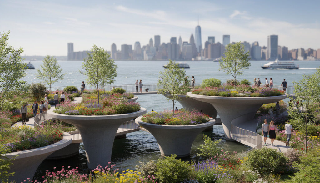 Découvrez Little Island, le parc emblématique situé sur la Hudson River, un espace unique alliant nature, art et vues imprenables à New York.