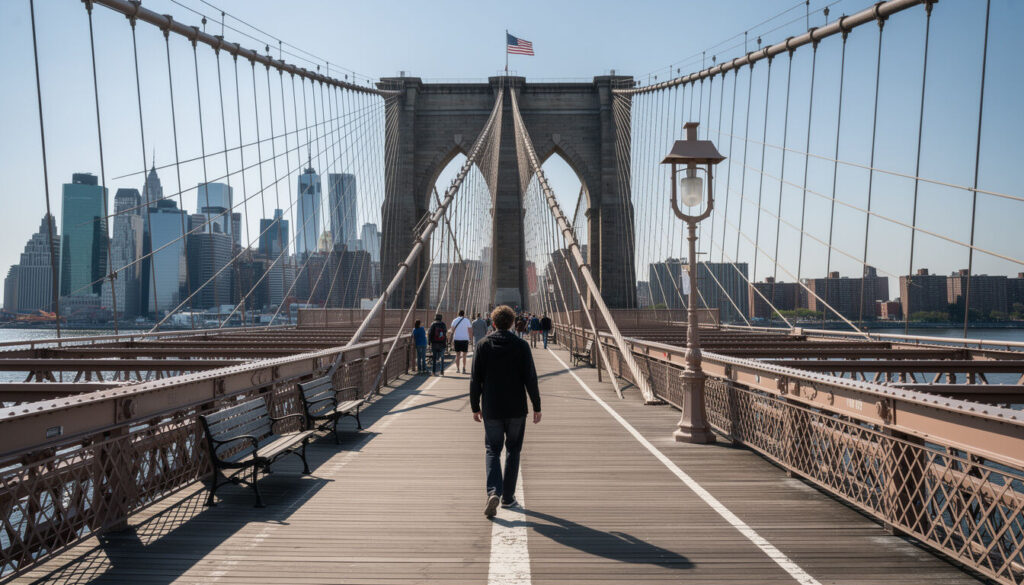 Découvrez la magie de New York en traversant à pied le célèbre pont de Brooklyn, une expérience incontournable offrant vues panoramiques et immersion dans l'histoire emblématique de la ville.